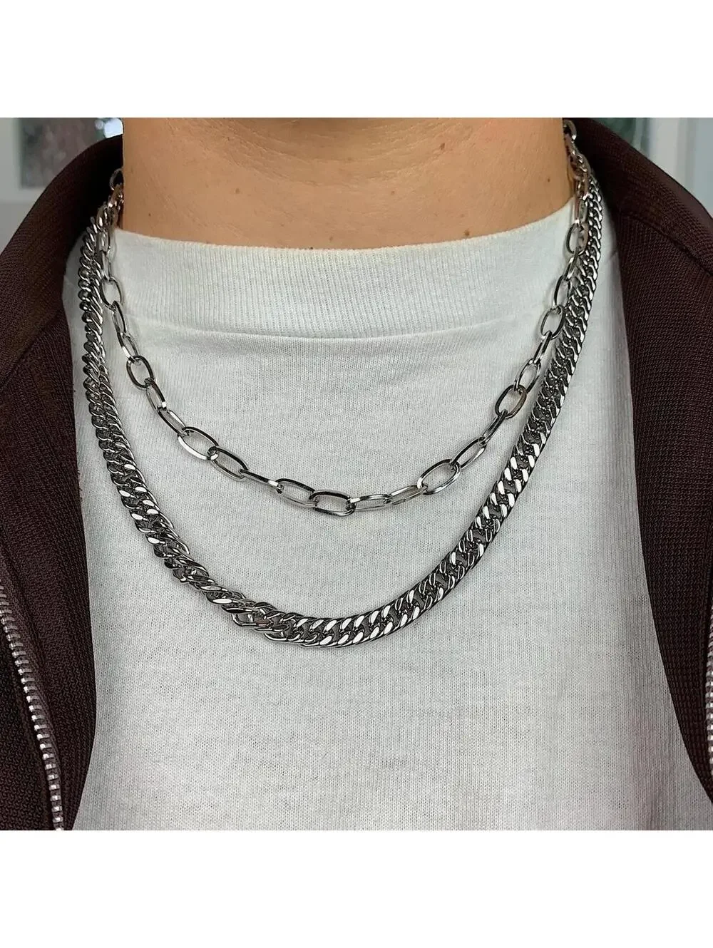 Stainless steel Cyber y2k Double layer silver chrome chain grunge Cuban link